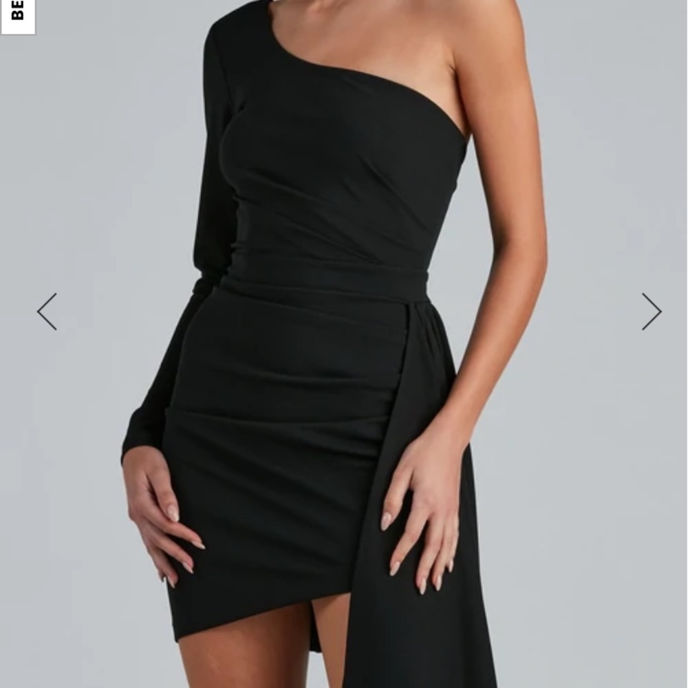 Windsor Emily one shoulder pleated black dress